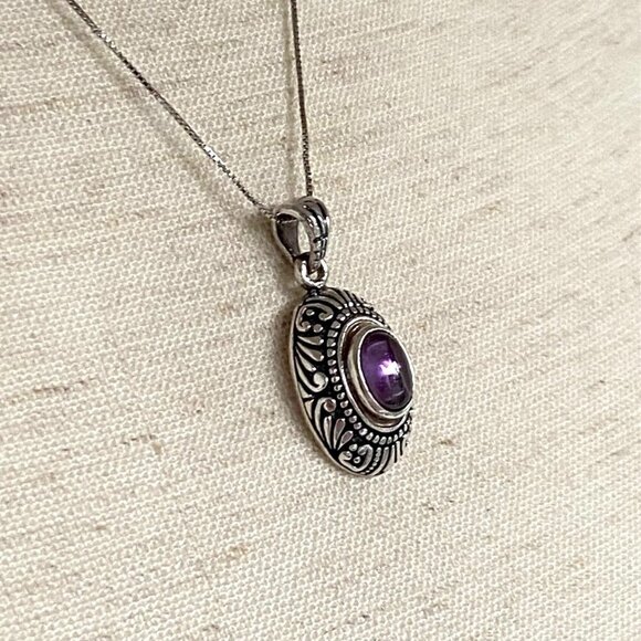 Sterling Silver 925 Scrollwork Oval Purple Cubic Zirconia Pendant Necklace 18" - Picture 7 of 16